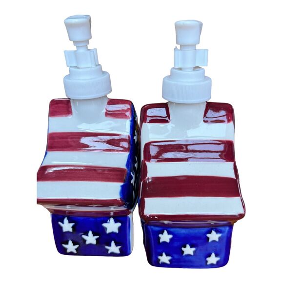 1999 Boston Warehouse American Flag Star Shape Mustard Ketchup Pump Set New - Picture 6 of 8
